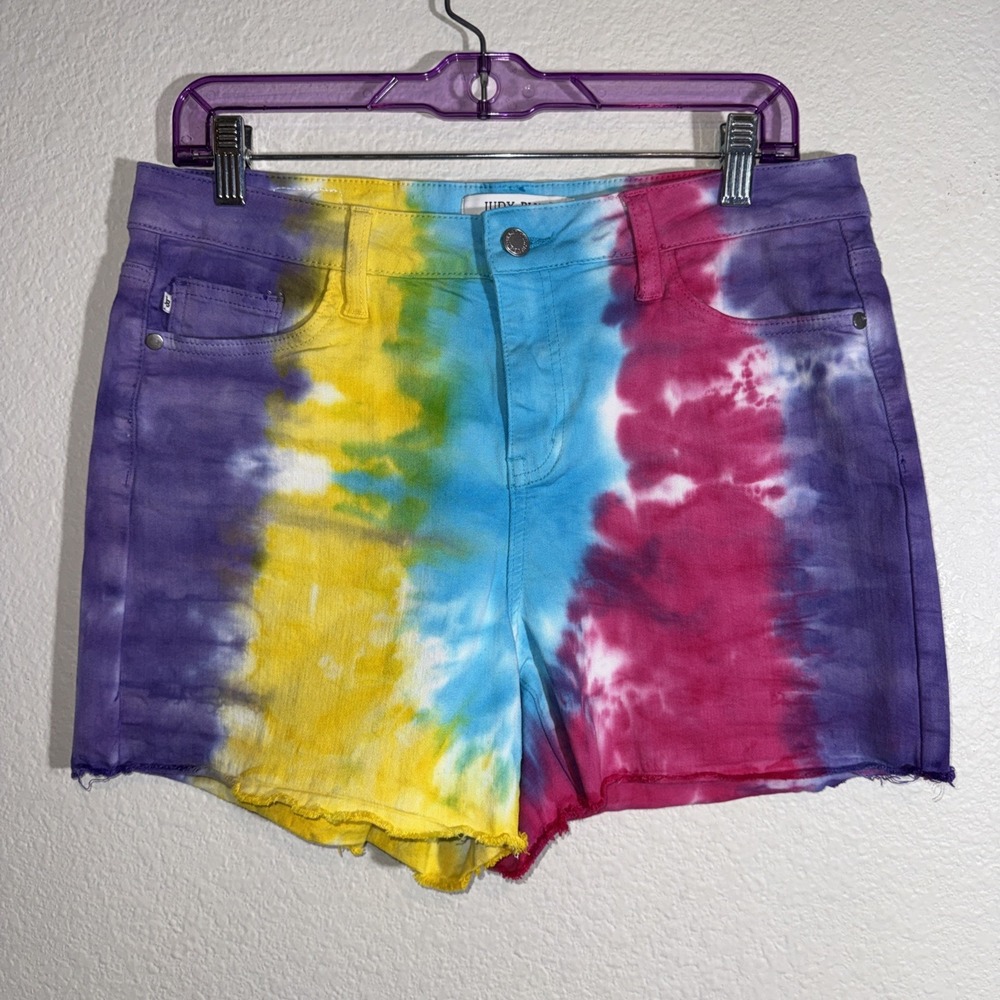 Judy Blue Denim Jean Shorts Large Snow Cone Tie Dye High Rise NWOT Rave Festival